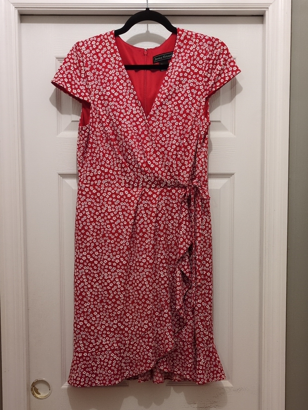 Jessica Howard Red Floral Faux Wrap Ruffle Hem Petite Dress 12P